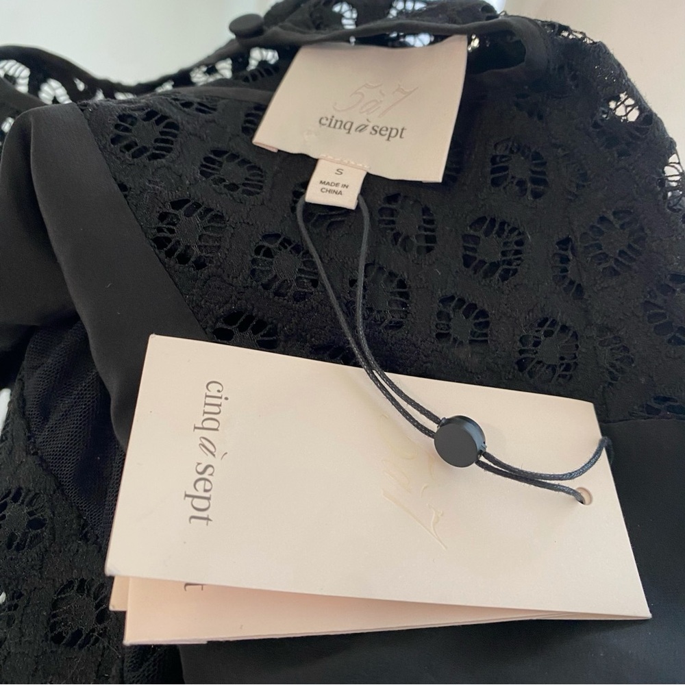 CINQ A SEPT BLACK SHEER LACE SILK MESH RUFFLE ROWS CREWNECK DELPHINE TOP BLOUSE - Picture 9 of 10
